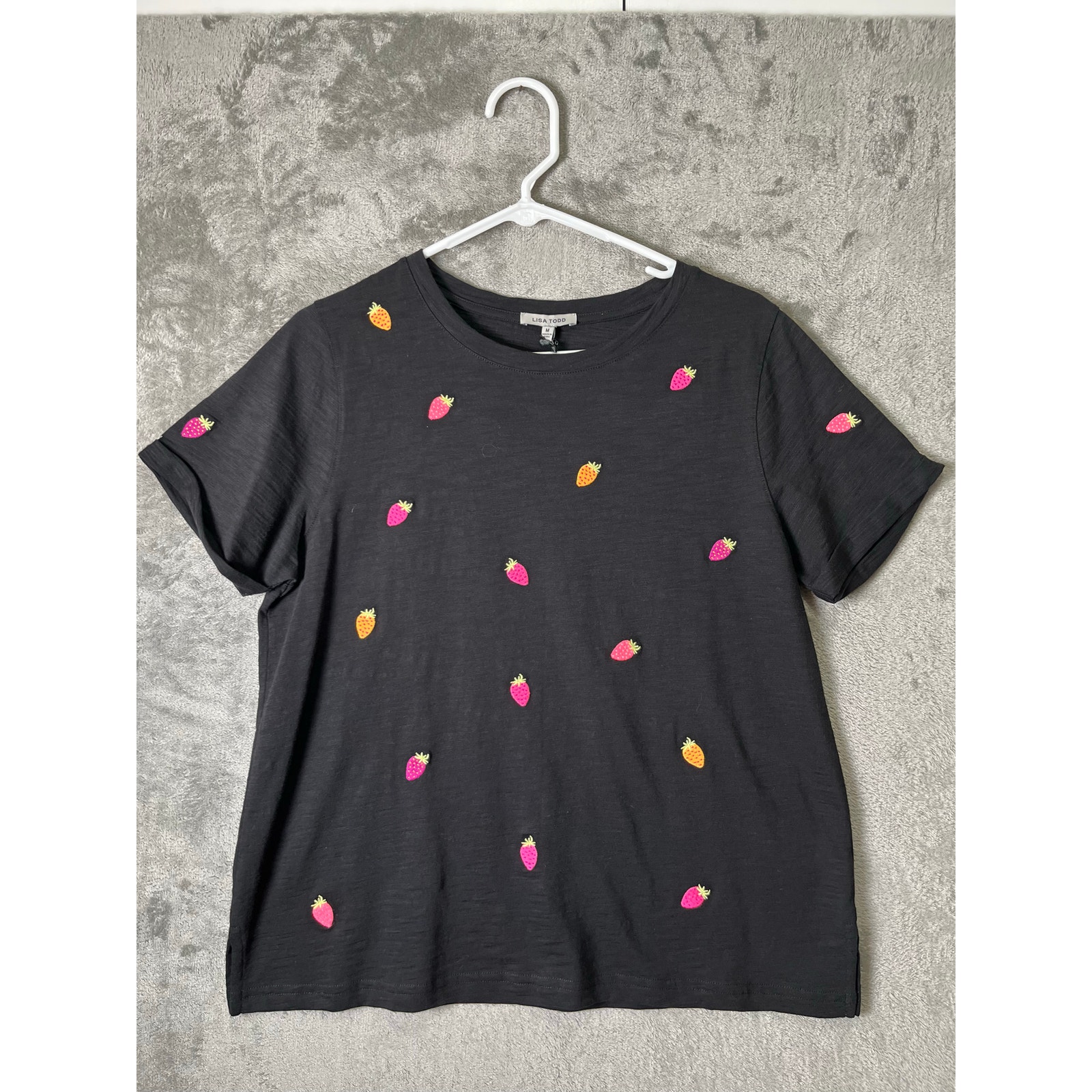 Lisa Todd Strawberry Fields Tee Black Embroidered Strawberries Cotton Crewneck M